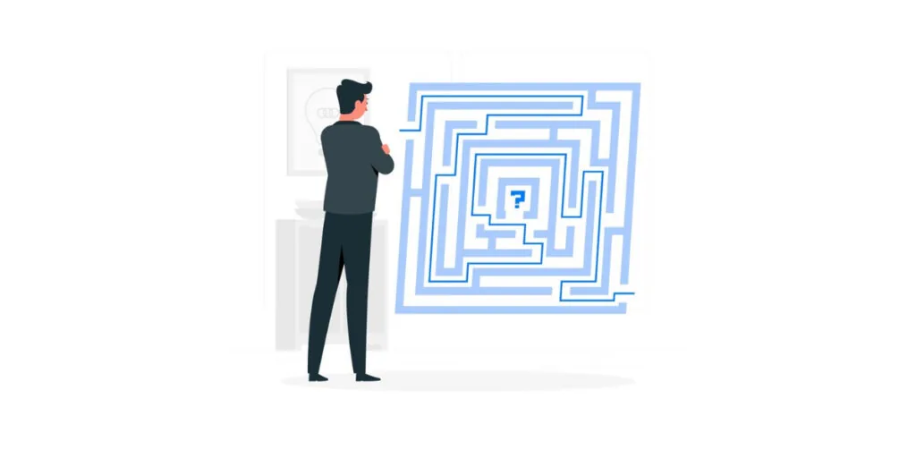 A man looking at a maze with a question mark in the middle of the maze.