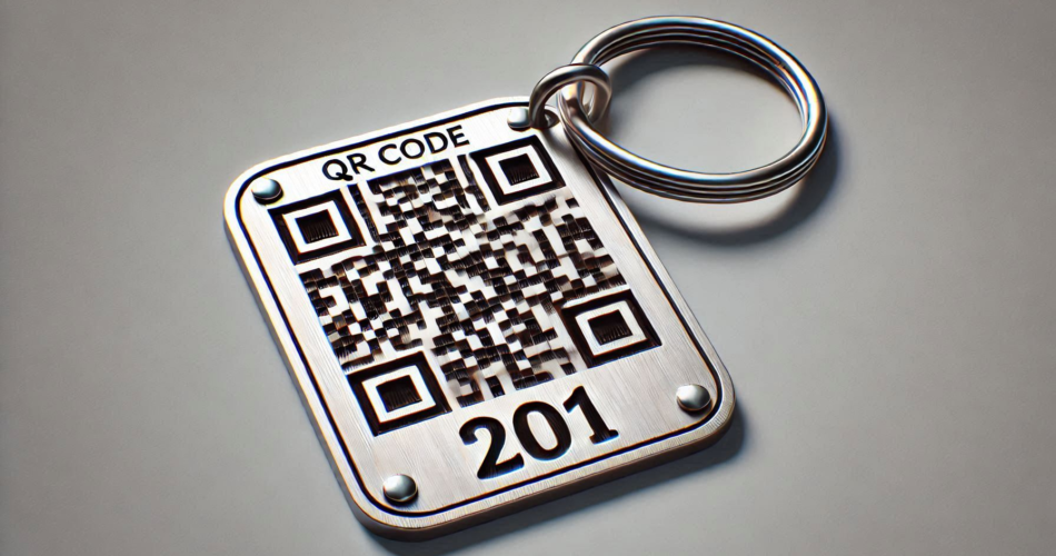 A laser cut QR Code engraved on a metal keychain.