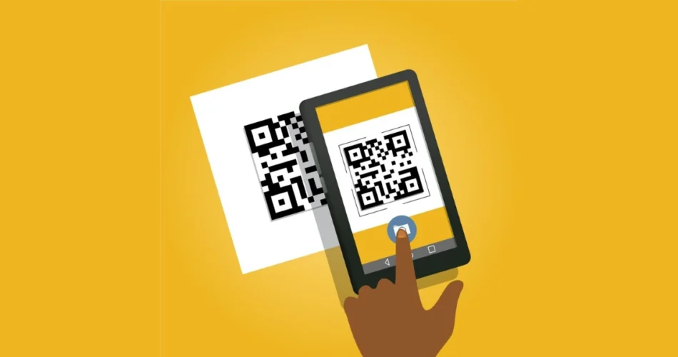 A phone scanning a QR Code on a yellow background.