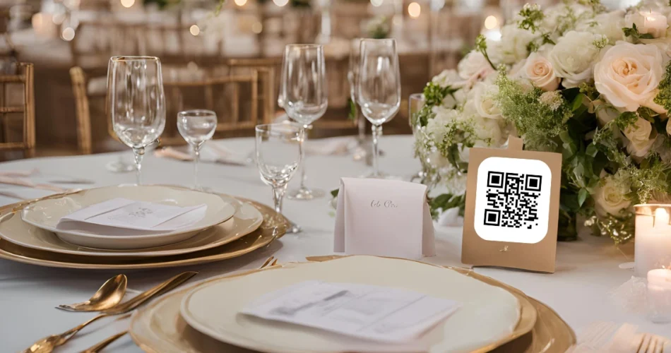 A QR Code for wedding photo placed on a dining table, at a wedding.