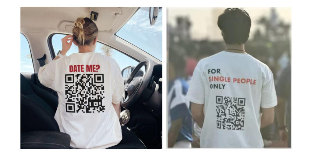 Two people wearing t-shirts that says "Scan to Date me" with a QR Code on it.