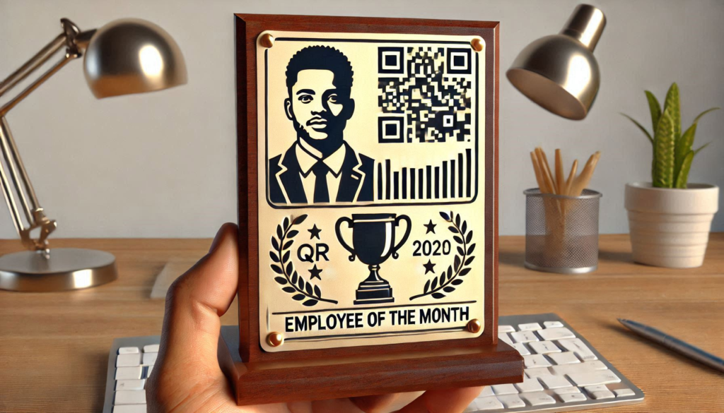 A corporate trophy with a mental laser cut QR Code engraved on it.