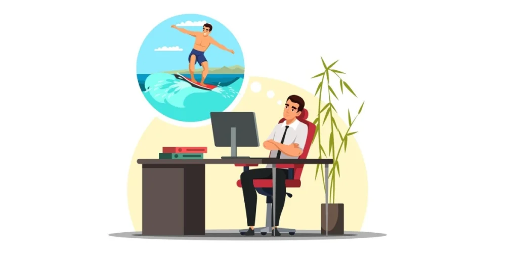 A man sitting on his office desk, dreaming about surfing in the ocean.