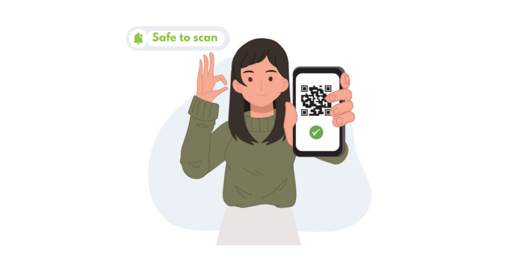 A woman holding a phone with a QR Code with the text "Safe to scan".