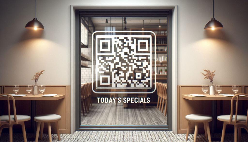 A restaurant door with a laser cut QR Code engraved on it.