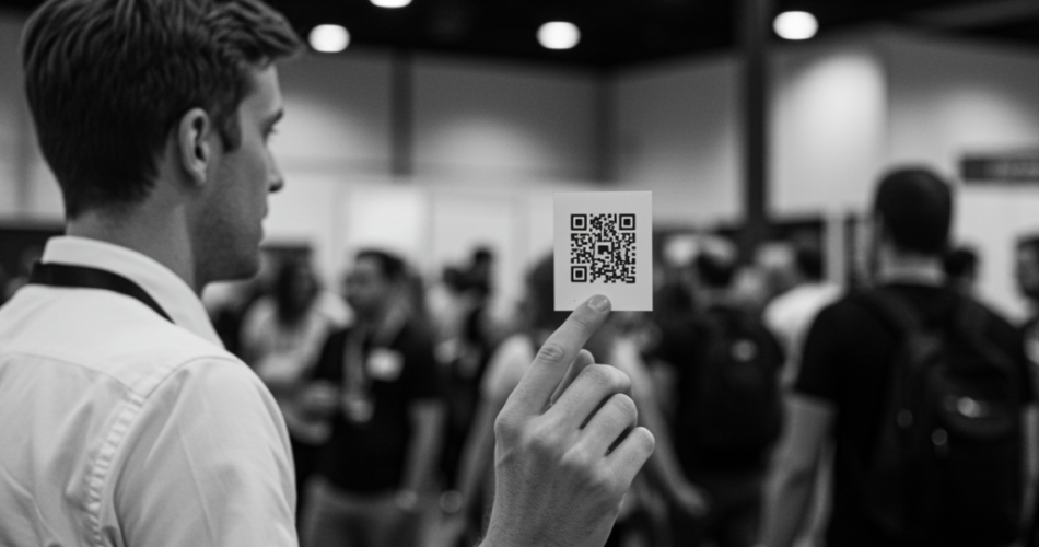 A man holding a professional QR Code imprinted on a card.