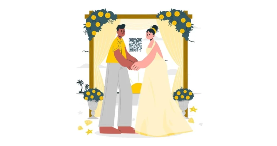 A couple exchanging their vows on their wedding day, near a QR Code photo upload wedding.