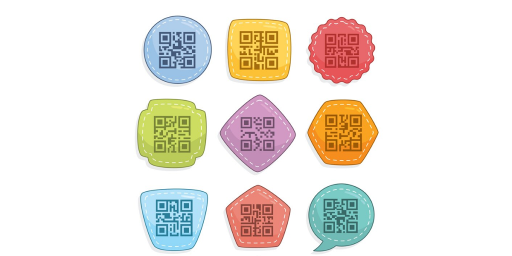 QR Code stickers with different borders, frames, colors, shapes and sizes.