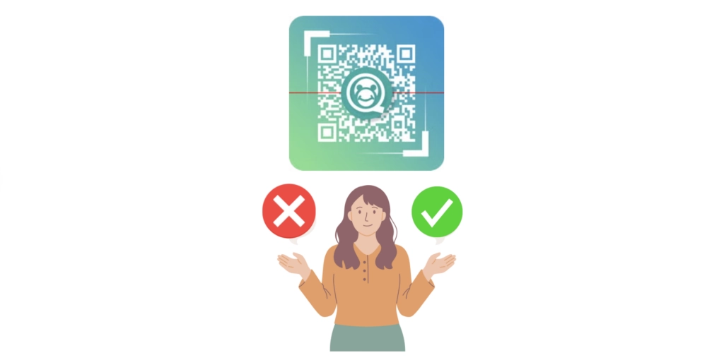 A woman wondering is QR Code monkey the right choice or not.