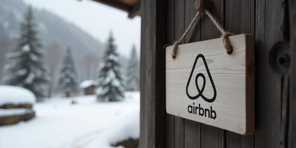 An Airbnb logo engraved on a wooden carved board.