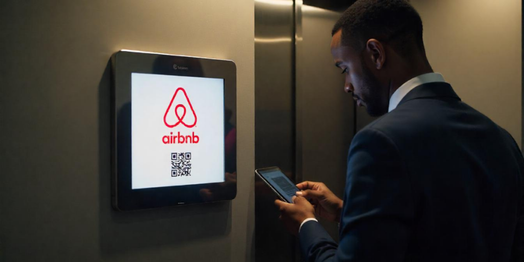 a man waiting for an elevator, near an Airbnb QR Code display.