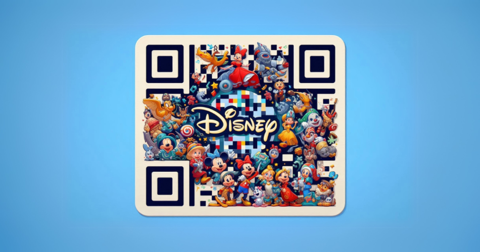 A Disney QR Code with Disney logo in the middle and Disney characters around it.