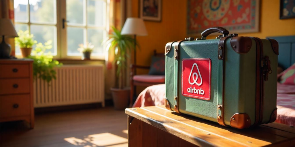 A suitcase with an Airbnb logo.