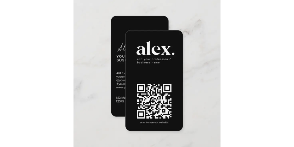 Modern black and white QR Code logo with the name Alex.