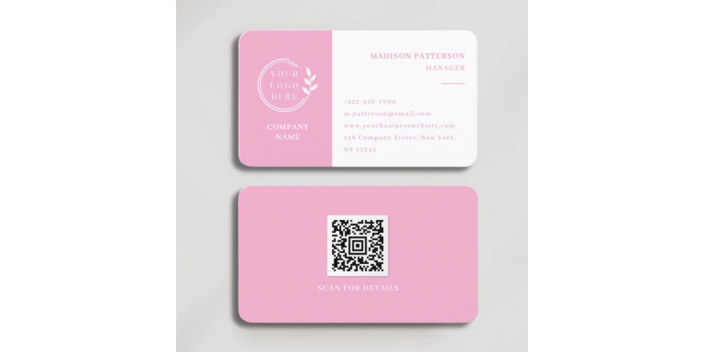 Pink QR Code business card.