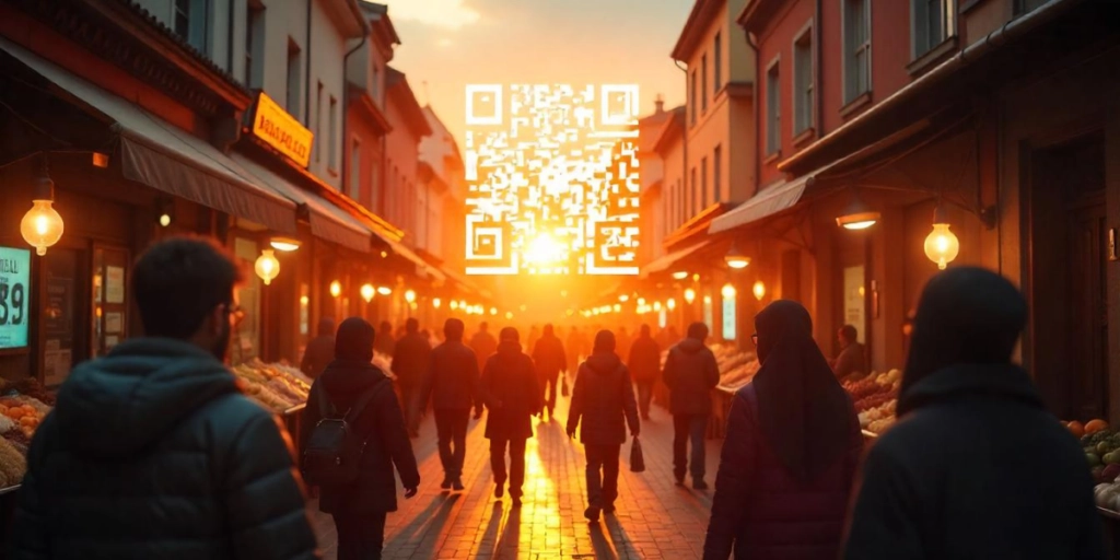 A QR Code in the middle of the city, floating above a crowd of people.