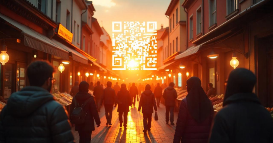 A QR Code in the middle of the city, floating above a crowd of people.