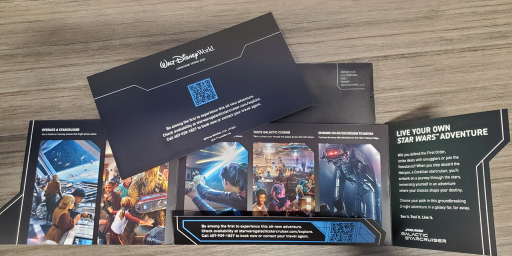 Disney's direct mail with interactive Disney QR Codes offering Star Wars™ Galactic Starcruiser experience.