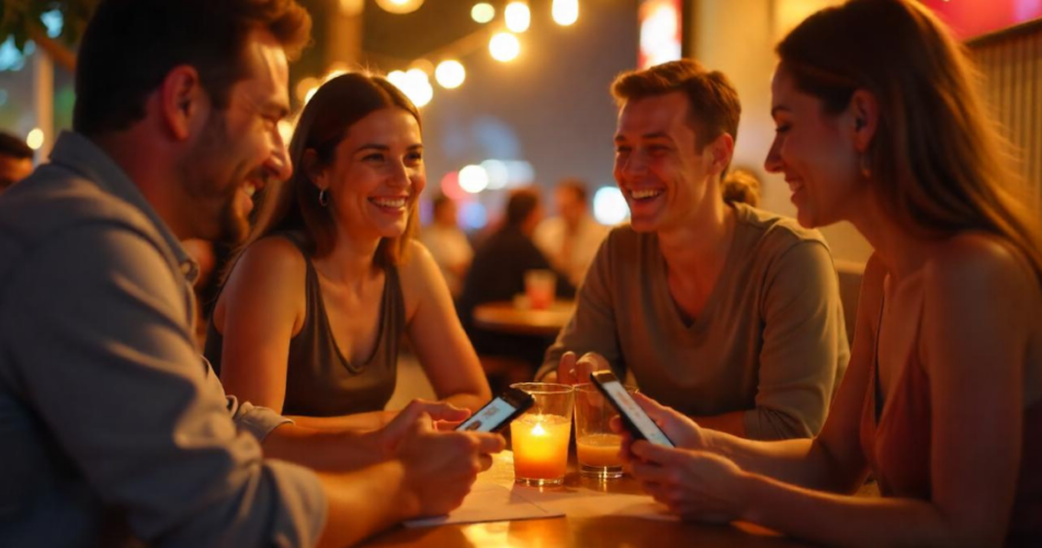 Friends sitting in a diner using Venmo QR Code to split their bill.