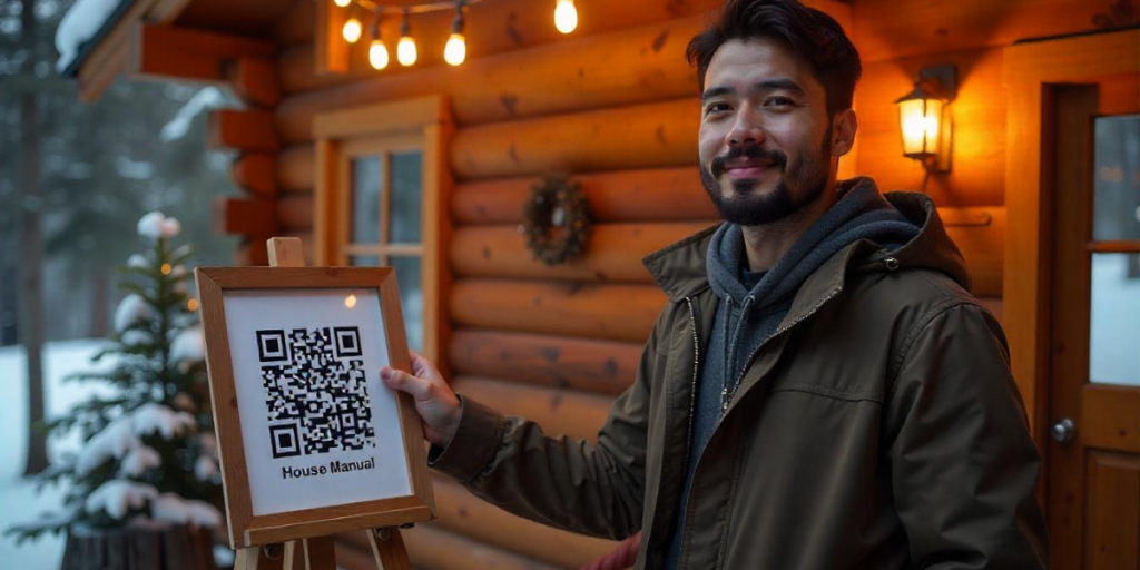 A man with an Airbnb QR Code that directs users to house manual.