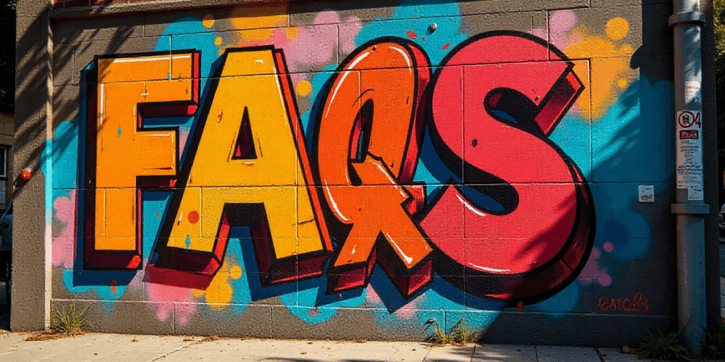 A giant FAQs spray painted on a wall in a city.