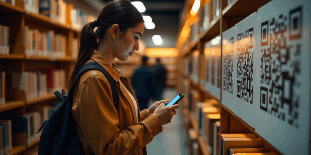 A woman scanning a QR Code in a library.