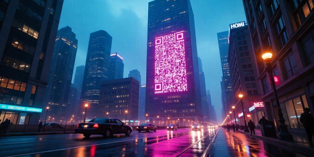 A pink QR Code displayed on a skyscraper in a city.