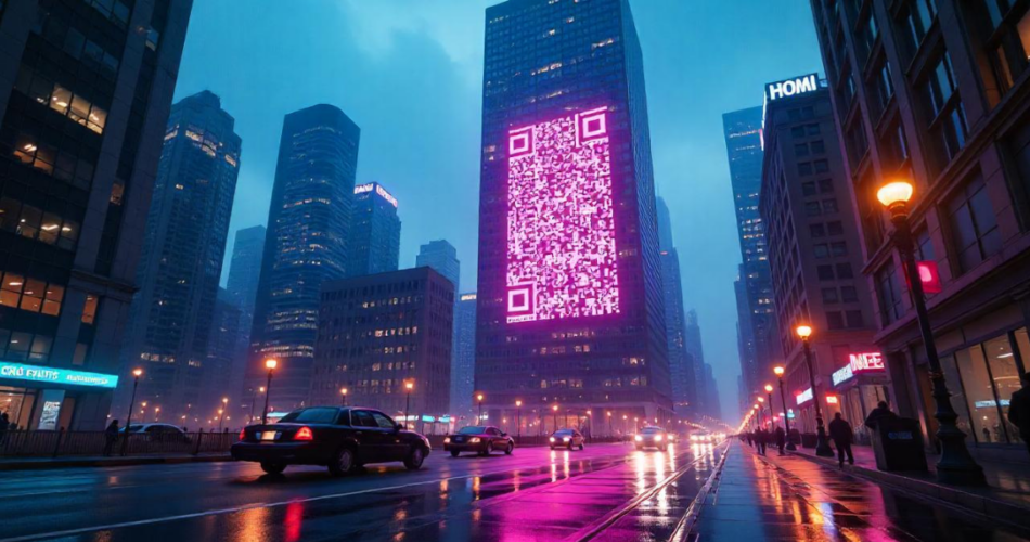A pink QR Code displayed on a skyscraper in a city.