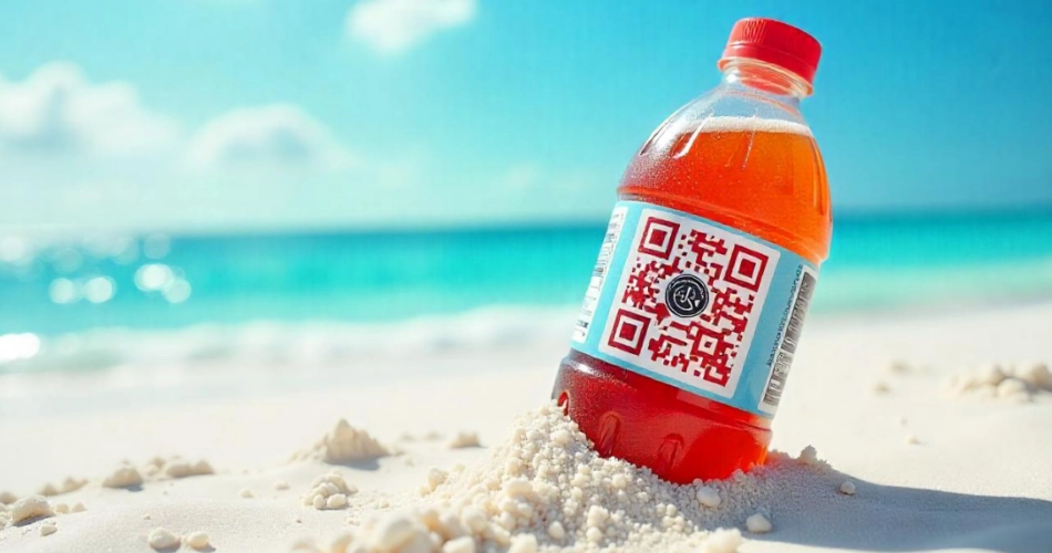 A QR Code on a bottle kept at a beach.