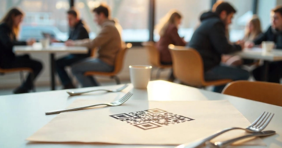 An example of QR Code on table, with a QR Code printed on a napkin in a restaurant.