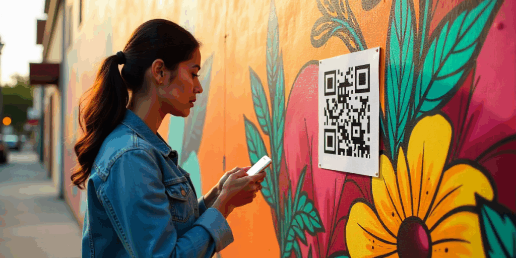 A woman scanning a QR Code on a mural wall art.