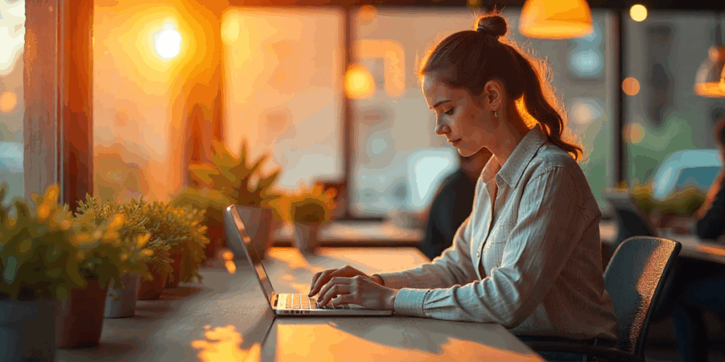 A woman working on a laptop, improving her website's SEO.