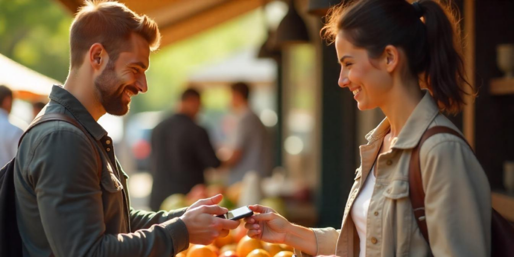 A man and woman using Zelle QR Code on their phones.