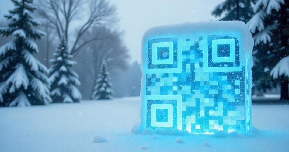 An illuminated fancy QR Codes carved on a block of ice.