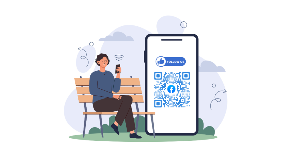A person sitting on bench scanning a Facebook page QR Code.
