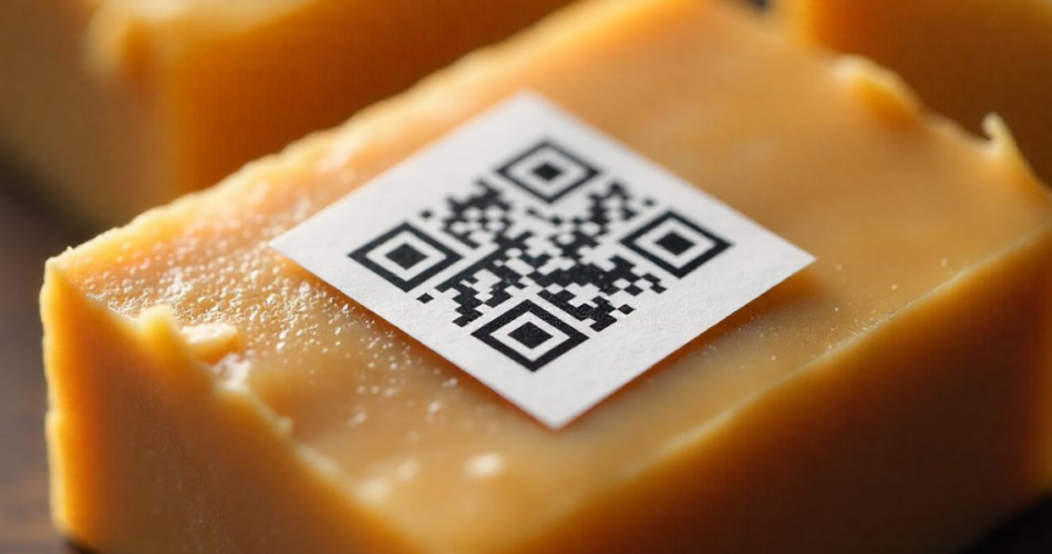 A QR Code sticker attached on a bar soap.