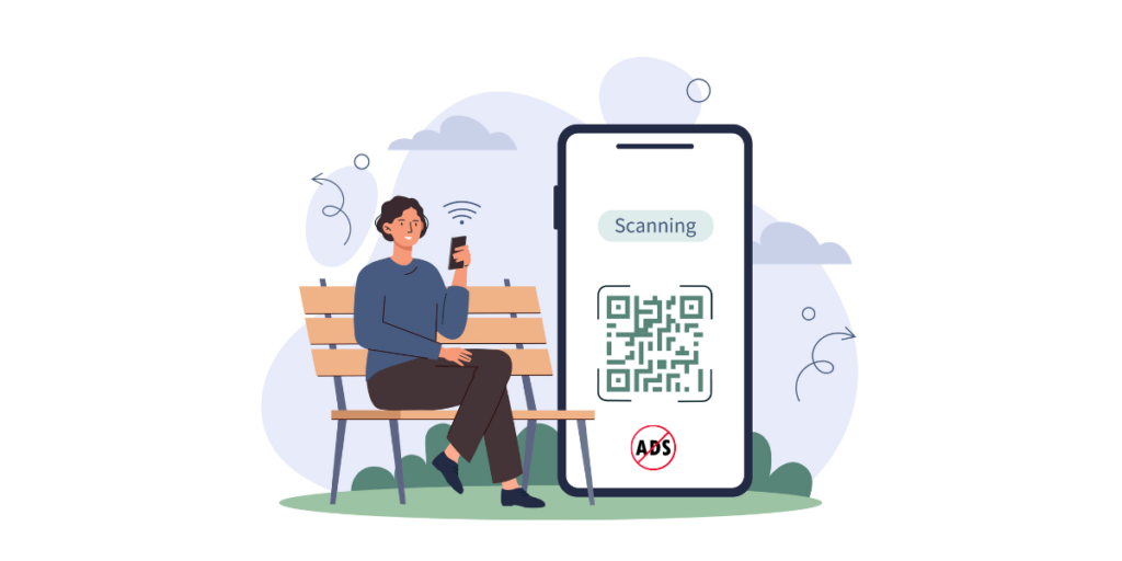A person sitting on a bench beside a big phone with a QR Code and a "no ads" symbol on it.
