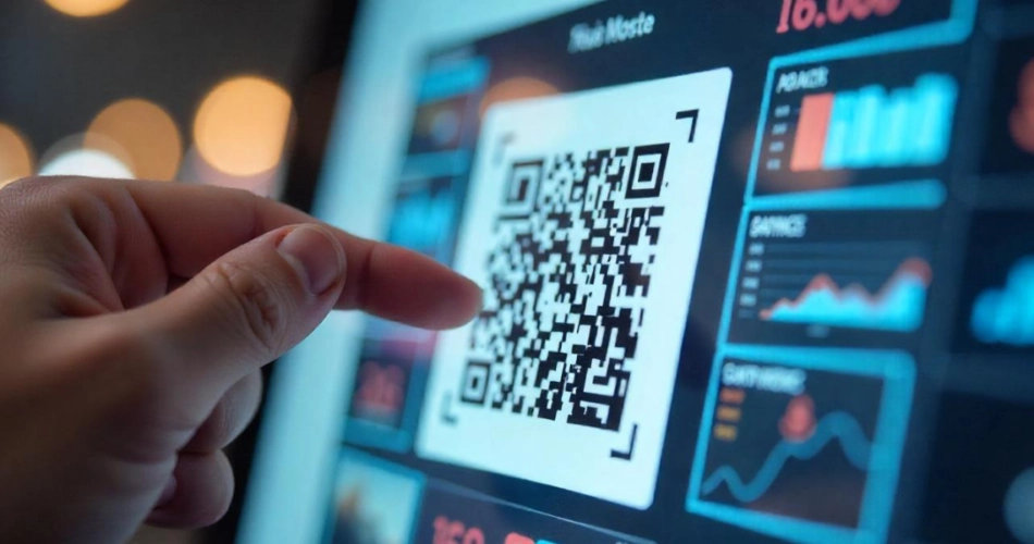A human interacting with a QR Code on a digital screen.
