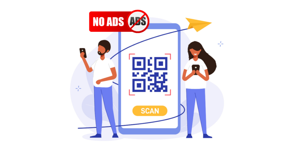 Two people standing around a big smartphone with a QR Code on it and the tag "no ads" over it.