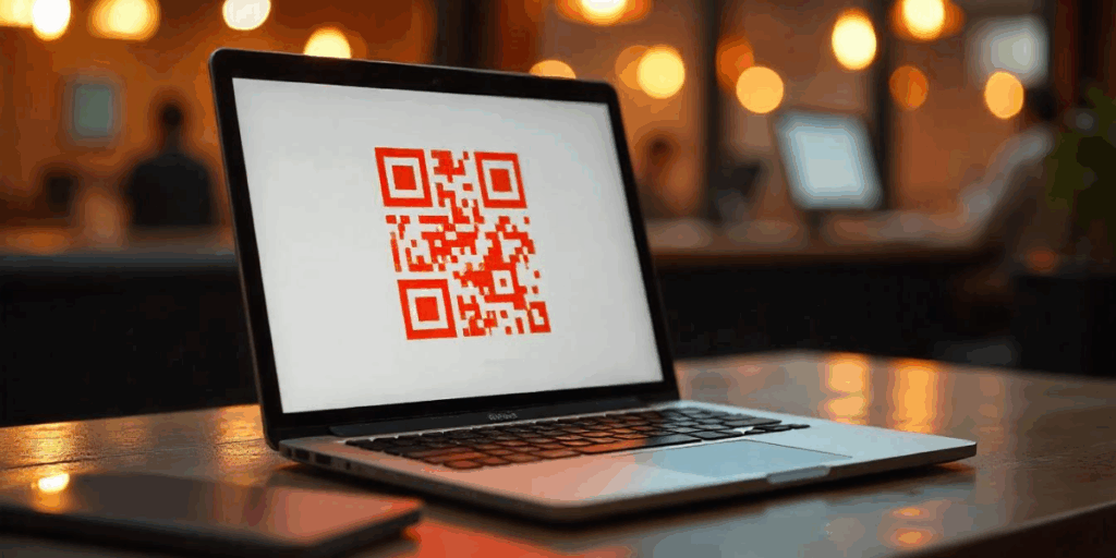 A red colored QR Code displayed on a laptop, created using a free QR Code Generator no ads.