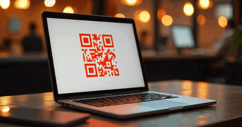 A red colored QR Code displayed on a laptop, created using a free QR Code Generator no ads.