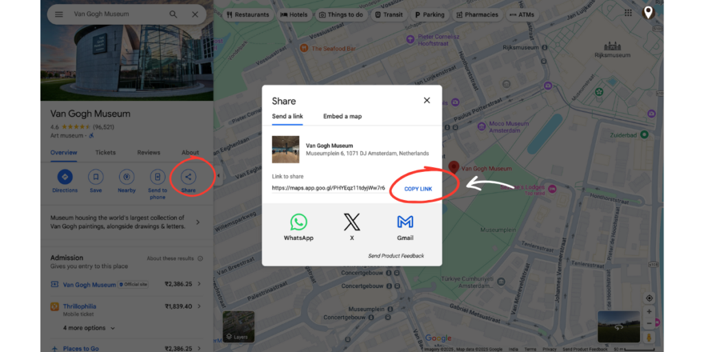 A screenshot showing how to copy URL of a location on Google Maps.