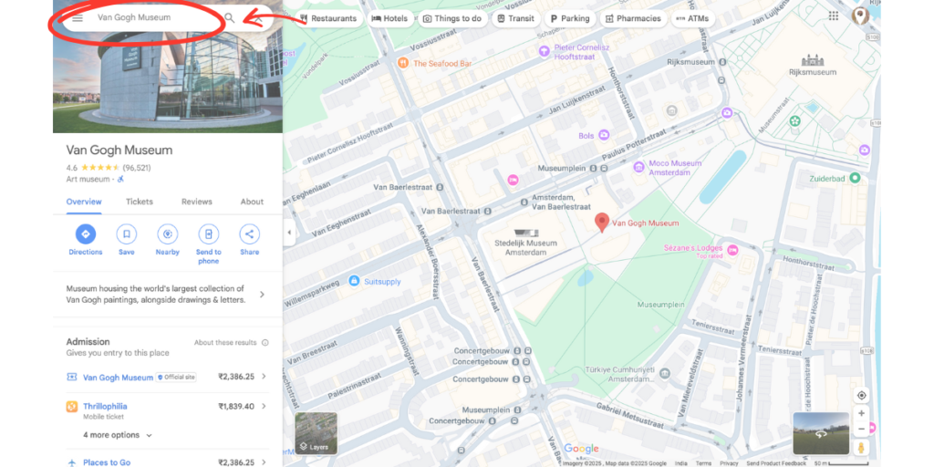 A screenshot of Google Maps website with the search option.
