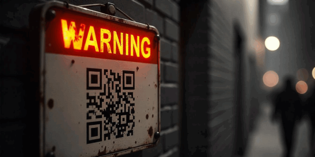 A QR Code, created with a Free QR Code Generator No Ads, with an illuminated "Warning" sign above it.