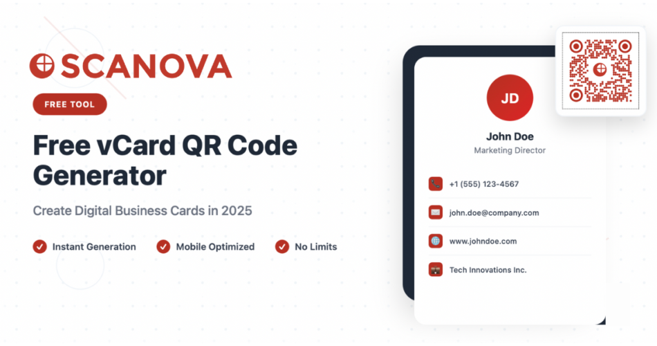 A digital business card with the text "free vcard qr code generator" beside it.