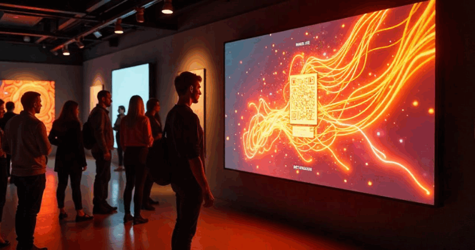 A man looking at a QR Code created through a random QR Code Generator on a digital display.
