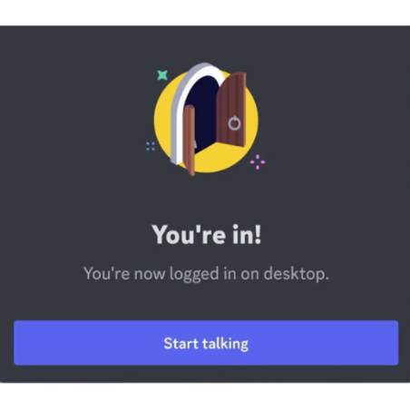 A screenshot showing login success with text "You're in!" via Discord QR Code.
