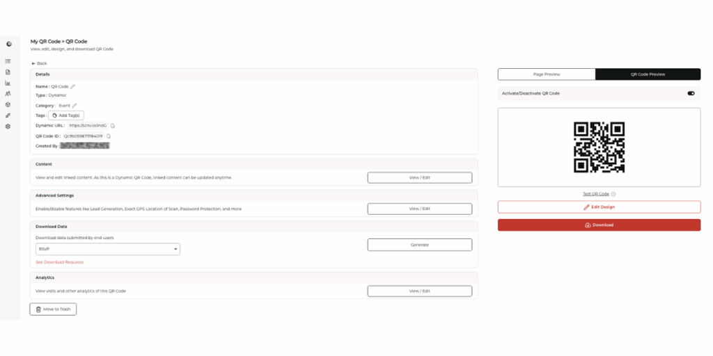 Scanova's Event QR Code dashboard.