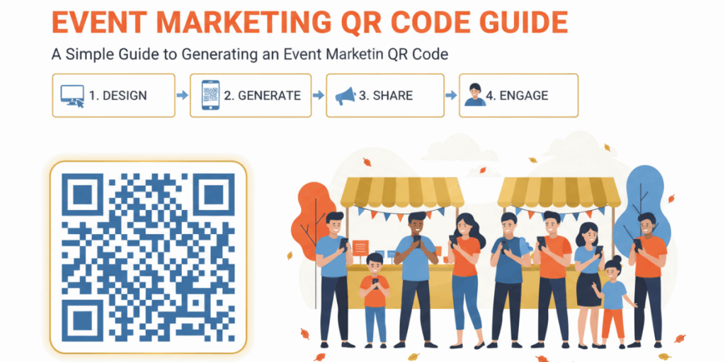 A blue QR Code with a group of people standing besides it.
