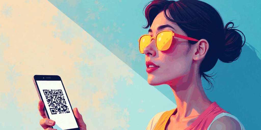 A woman in shades interacting with a QR Code on her smart phone.